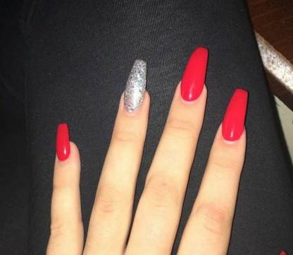 NAIL ART Red with Silver Sparkle Artificial nails set of 24 red, silver