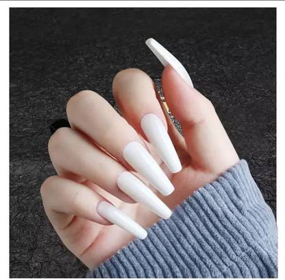 NAIL ART White long trendy Unique Artificial nails set of 24 white