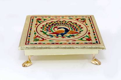 fnsales fn Bajoth Chowki for Puja, Wooden Bajot for Puja, Chaurang, Patla Wooden Pooja Wooden All Purpose Chowki (Gold, Pack of 1) Wooden, Aluminium Pooja Chowki