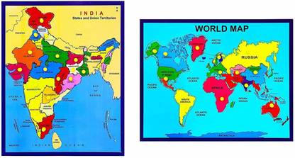 SQOS Wooden India Map With Oceans & Continents World Map Wooden Jigsaw Puzzles Toy