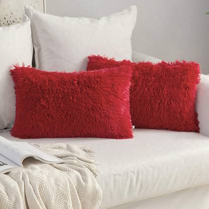 Wondershala Home decor Red Fur cushion Rectangle cushion for bedroom Sofa Microfibre Solid Cushion Pack of 2