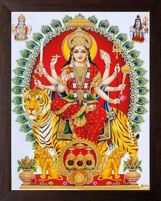 CRAFTSCORNER DURGA MAA WITH SHIVA VISHNU JI PHOTO FRAME | DURGA MAA PAINTING | DURGA MAA PHOTO FRAME FOR POOJAN | DURGA MAA 9 ROOP PHOTO FRAME FOR NAVRATRI POOJAN Religious Frame