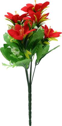 Concept Artificial Red Lily Flower Bunch (Pack of 1 Piece) Red Lily Artificial Flower  with Pot