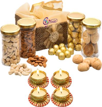 Giftrend Diwali Dry Fruit,Nuts And Chocolates Gift Basket/Hamper/Box With Cashew,Almonds,Swiss Chocolates,Cookies,Decorative Wax Diyas/Tealight For Business Promotion/Corporate Gifts/Clients/Relatives,400gm Wooden Gift Box