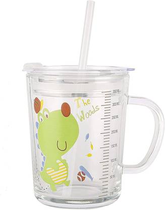 MOZILO Glass Random Design, Cartoon Pattern,Creative Multipurpose Drinking Glass Measuring/Cup with Silicone Straw and Lid Drink for Milk,Tea,Coffee,Juice,Thik Shake Cup & 450ML- Pack Of 1 Glass Coffee Mug