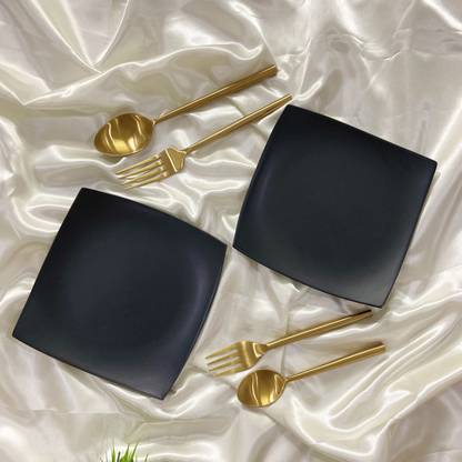 Ceramic Dining Studio Collection- Chic Matte Black Square Ceramic Quarter Plates- Set of 4 Quarter Plate