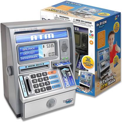 Ben Franklin Toys Dr. STEM Toys Kids Talking ATM Machine Savings Piggy Bank with Digital Screen, Electronic Calculator That Counts Real Money, and Safe Box for Kids, Silver