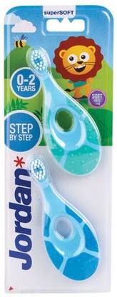Jordan Step 1 Baby Toothbrush, 0-2 Years, Soft Bristles, BPA Free (Pack of 2, 0-2 Years - Blue + Green) Extra Soft Toothbrush