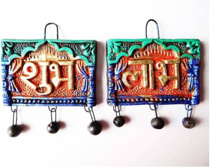 Z-Plus Pack of 2 Ethnic Handmade Eco- Friendly Clay Molded Terracotta Shubh Labh Indian Art Hanging Wall Plate for Diwali Home Décor Door Hanging Set Wall Décor (Rectangular (Small Size)) Pack of 2