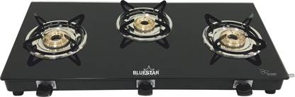 Blue Star 3 Burner Premium Edge Black Glass Manual Gas Stove