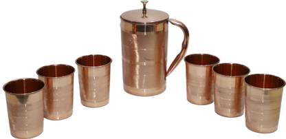 Shakuntla Handicraft Luxury 1.25 litre Copper Jug with Lid & 6 Water Glass 200 ml Jug Glass Set