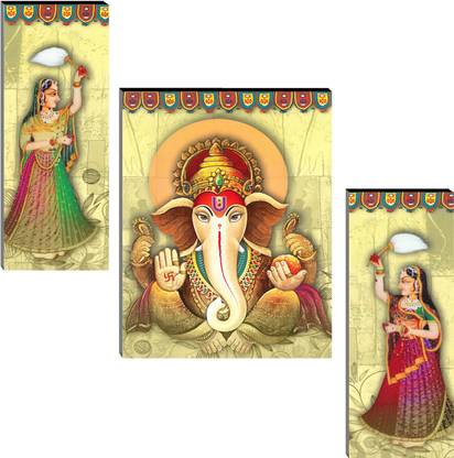 Indianara Set of 3 Lord Ganesha MDF Art Painting (3766FL) without glass (4.5 X 12, 9 X 12, 4.5 X 12 INCH) Digital Reprint 12 inch x 18 inch Painting