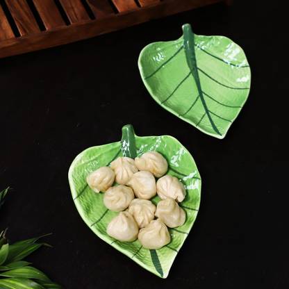 Jimkia Handmade Ceramic platters For Snacks Serving,Sweets And Salad Serving Tray Glossy Green (Natural Leaf) Sweets Tray,Table Top Decor Platter And Food Presentation Tray, Microwave & Dishwasher Safe (PACK OF 2) Tray