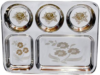 Sager Stainless Steel Lunch/Dinner Plate/Bhojan Thali 5 in 1 Compartments with Mirror Finish, Floral Laser Design in All compartments Dinner Plate