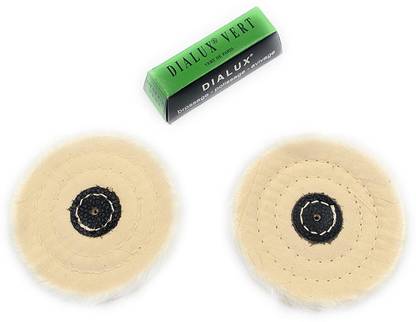 Ceznek Polishing White Muslin Cloth Buff 4"x50 Folds Stitched Buffing Wheel Leather Hub Kit of 2 & Green Dialux to Polish & Buff Gold,Silver,Metal for Jewellery,Watchmaking,Hobby Craft for Bench Grinder Glass Polisher