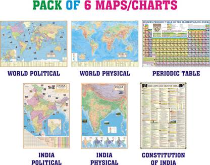Pack of 6 Maps India Political Map + India Physical Map, World Political Map + World Physical Map, India Constitution Chart, Periodic Table Poster All Maps/Chart size : 100x70 cm (40"x28" inch). For UPSC, SSC, PCS, Railway and Other Competitive Exams Paper Print