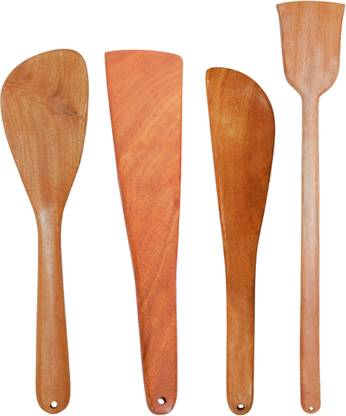 Mayflower Neem Wood Spatula for Cooking and Serving - (Palta Set - dosa and roti Turning, Cooking) - Pack of 4 Wooden Spatula