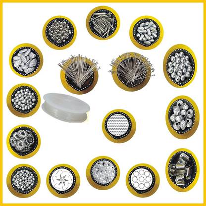 INDIKONB 18 in 1 Combo of SILVER Artificial Jewellery Making Materials Kit, Art and Craft Set for Kids and Adults ( Includes Jewel Making Nylon Wire , Ring , Hooks , Headpins , Eyepins , Chain , Gold and Silver Beads sets ) DIY Creative Stylish Fancy Jewelry Making Materials for Woman Combo Boxes for Girls and Women Earring , Necklace , Bracelets , Charms (Kit 2)