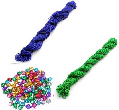AN Sunshine Combo of beading Nylon Cord Thread 30 Mtr Chinese Knot Macrame Braided String Color - Blue Green & 100 Multicolor Ghungroo / Jingle Bells