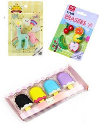 WONDER CREATURES Cute Eraser Set For Kids (Multicolor) (Set Of 3) (Apple Fruit Pony & Candy)