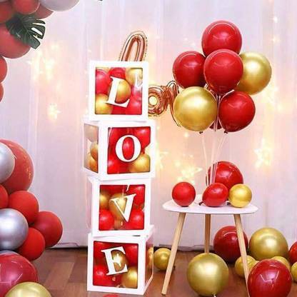 Anayatech Solid Love Surprise Transparent Cube Balloon Boxes Decoration -Pack of 28 Pcs- Latex, Chrome Balloon and LED Balloon (Multicolor, Pack of 28) Letter Balloon
