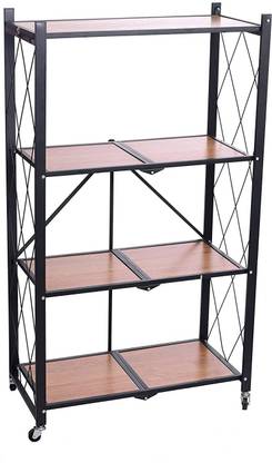 IRIS 4-Tier Foldable Storage Shelves, Wide Folding Wooden Shelf with Caster Wheels for Garage, Kitchen, Home, Closet, Office, No Assembly Needed Engineered Wood Open Book Shelf