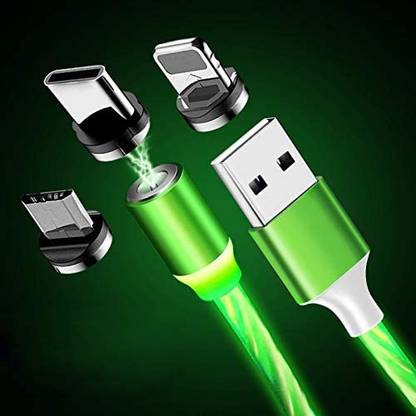 PULTO Magnetic Charging Cable 2 A 1 m Braid LED Light Flow Fast Charging Cable& Data Sync Micro USB Cables 3in1 Multiple Pin