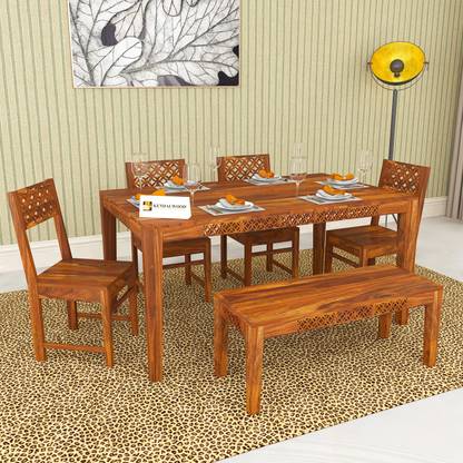 Kendalwood Furniture Premium Dining Room Furniture Wooden Dining Table with 4 Chairs & 1 Bench Solid Wood 6 Seater Dining Set