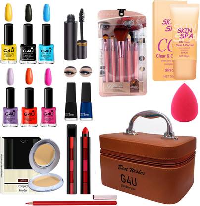 G4U All in One Makeup Kit Gift Set, Waterproof Eyeliner Pen,Foundation, 5 In 1 Lipsticks,Lip Liner,Puff,Mascara, 6 nail Polish,Compact ,5 Brushes Perfect for Party makeup Casual makeup Wedding makeup With Makeup Box (Set Of 20 Pcs)