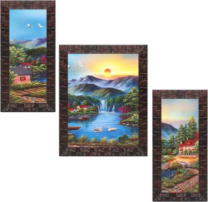 Indianara Set of 3 River and Mountain Framed Art Painting (3774GBNN) without glass (6 X 13, 10.2 X 13, 6 X 13 INCH) Digital Reprint 13 inch x 10.2 inch Painting