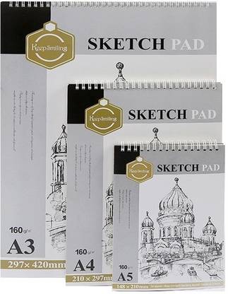 Definite Art Keep Smiling A3, A4 and A5 Sketch Pad Spiral Binded with Heavyweight Backing Board for Sketching and Drawing- 24 Sheets Each; 160 GSM Paper Sketch Pad