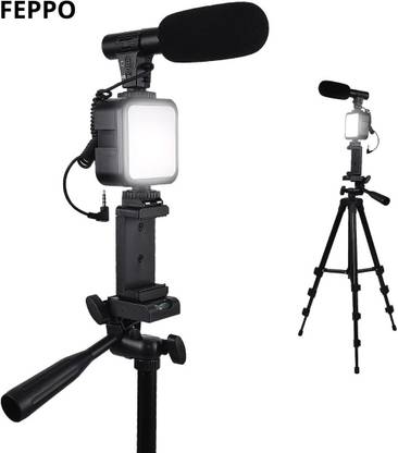 FEPPO Vlogging Kit for Mobile Phone & Digital Cameras with Microphone and Flash ,Light weight Smartphone Video Recording Kit, Tripod Phone Holder (Black) Tripod