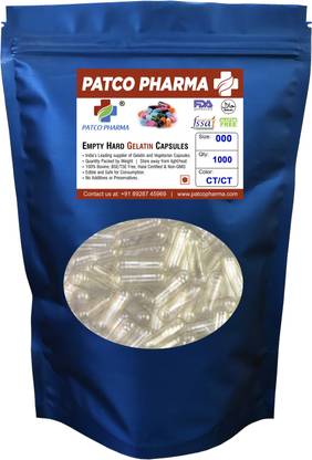 PATCO PHARMA RAW MATERIALS & EQIPMENTS Size 000 Transparent Empty Gelatin Pill/Capsule, Gluten Free, DIY Powder Filling