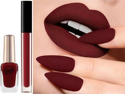 HUDA CRUSH Professional Makeup Kit for Girls, Combo Pack of Liquid Matte Lipstick with Matching Nail Polish (Maroon Edition)