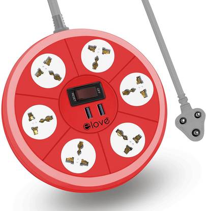 ELOVE USB Extension Board - 6 Outlets 2 USB Ports [Auto Reset ON/OFF Button] [2.4 Amp Fast Charging Ports] Universal Multi Plug Socket Extension Cord with 1.8 Meter Power Cord 10 A Three Pin Socket