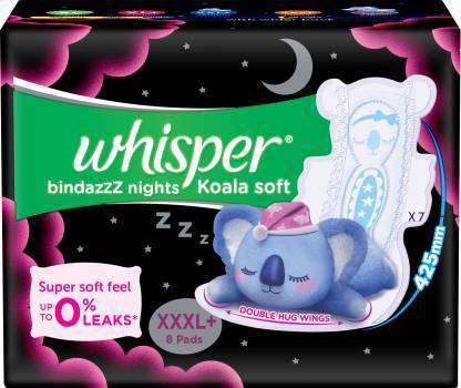 Whisper Bindazzz Nights Koala Soft Sanitary Pads, XXX-Large+ Pack of 8 Napkins Sanitary Pad