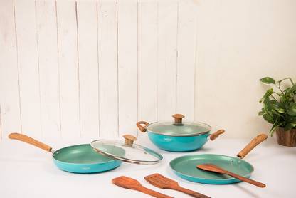 dePRISM Sapphire 3 PCS Combo, Kadhai, Fry Pan, Tawa - Non stick cookware Combo - Turquoise Blue Induction Bottom Non-Stick Coated Cookware Set