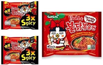 Samyang Buldak 3XSpicy instnat noddlesPK2& Buldak Tomato Pasta Flavour Instant Noodles 3X140 (Pack of 3) 420Gm (Imported) Instant Noodles Non-vegetarian
