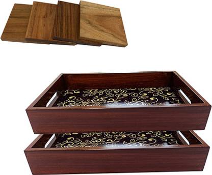 Angira handicrafts Wooden Tray set of multicolor with leaf print with coaster set Tray