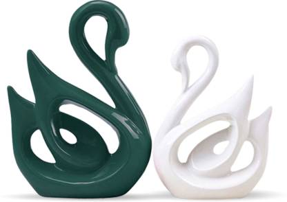 LIFEHAXTORE Home Décor Lucky Swan Couple | Piano Finish Ceramic Figures - (Green, White) Decorative Showpiece  -  26 cm