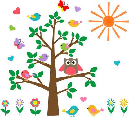 sp decals 90 cm Cartoon tree birds butterfly flowers sun multicolor wall sticker Self Adhesive Sticker
