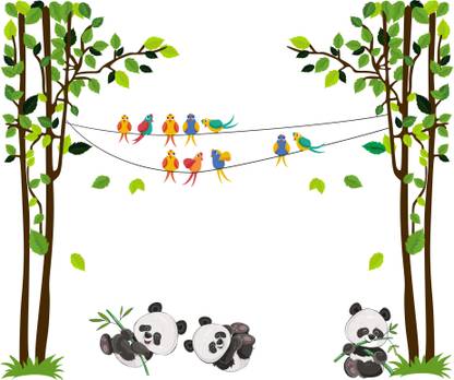 K2A Studio 100 cm Playing pandas birds sitting on tree pvc vinyl multicolor wall sticker ( Self Adhesive Sticker