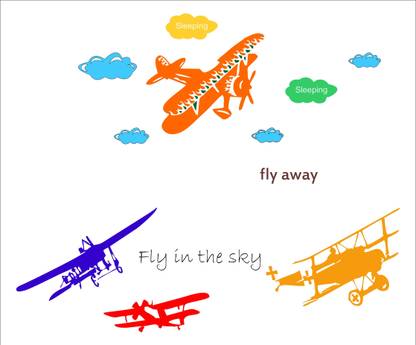 sp decals 91 cm Colorful flying airplane clouds multicolor wall sticker : 91 Cm X 76 Cm Self Adhesive Sticker
