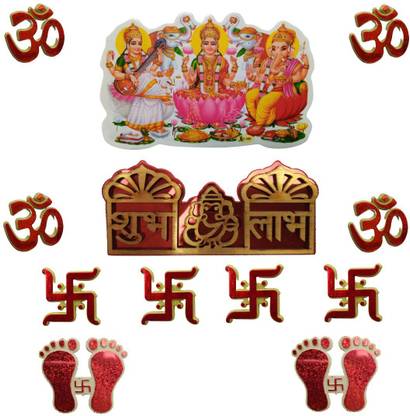 Culture Art 8 cm XII™-33-CDCDGoddess Lakshmi Maa Ganesh Saraswati Laxmi Charan Swastik and Shub Labha| OM Diwali Puja Mini Sticker Removable Sticker