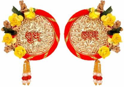 Red Crush SHUBH-LABH Side Door Hangings with Flower Border for Home Decoration/Diwali Decoration(Red&Yellow) Toran