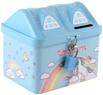 Toystic Top selling Unicorn Hut House Shape Metal Piggy Bank with Lock & Keys, Coin Bank