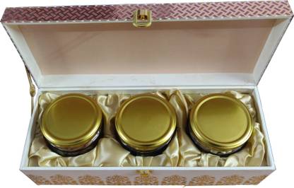TeeMoods Premium Empty Gift Trunk Box with 3 Glass Jars (200ml each)Ideal for Gifting Chocolates/Cookies/Dry Fruits/Diwali Dry Fruit Gift Hamper Wooden Gift Box