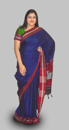 FineMadeFabrics Traditional Khun Saree (Stripes Design) (AKA - Ilkal Saree, Khan Saree, Khana Saree) Color: Blue Cotton Blend Saree Falls