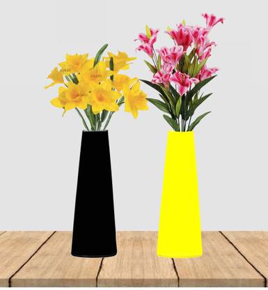 AGAMI Decorative Conical Minar Shape 12 inch Height Black and Yellow Colour Vertical Glass Vase Pots Pots for Folwers and Plants Earthenware, Glass Vase