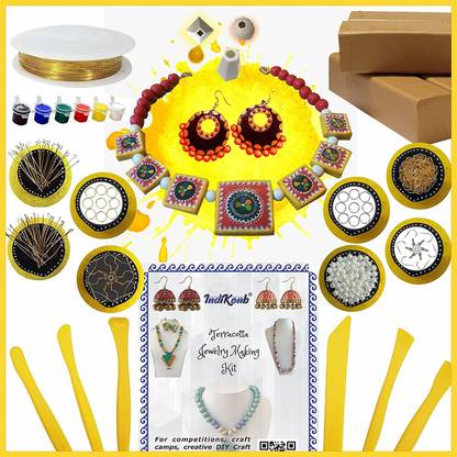 INDIKONB Terracotta Jewellery Making Kit Full Set | DIY Kit for Making Traditional Terracotta Clay Necklaces, Bracelets, Earrings , Jhumkas | Art and Craft Kit for Girls | Clay Jewelry Making Set (Terracotta) | Clay mould Jewellery set for kids age 7 8 9 10 11 12 13 14 15 16 year old ( includes Terracotta Clay , Clay modelling tools , Wire , Beads , Hooks , Paints , Jhumka Molds )